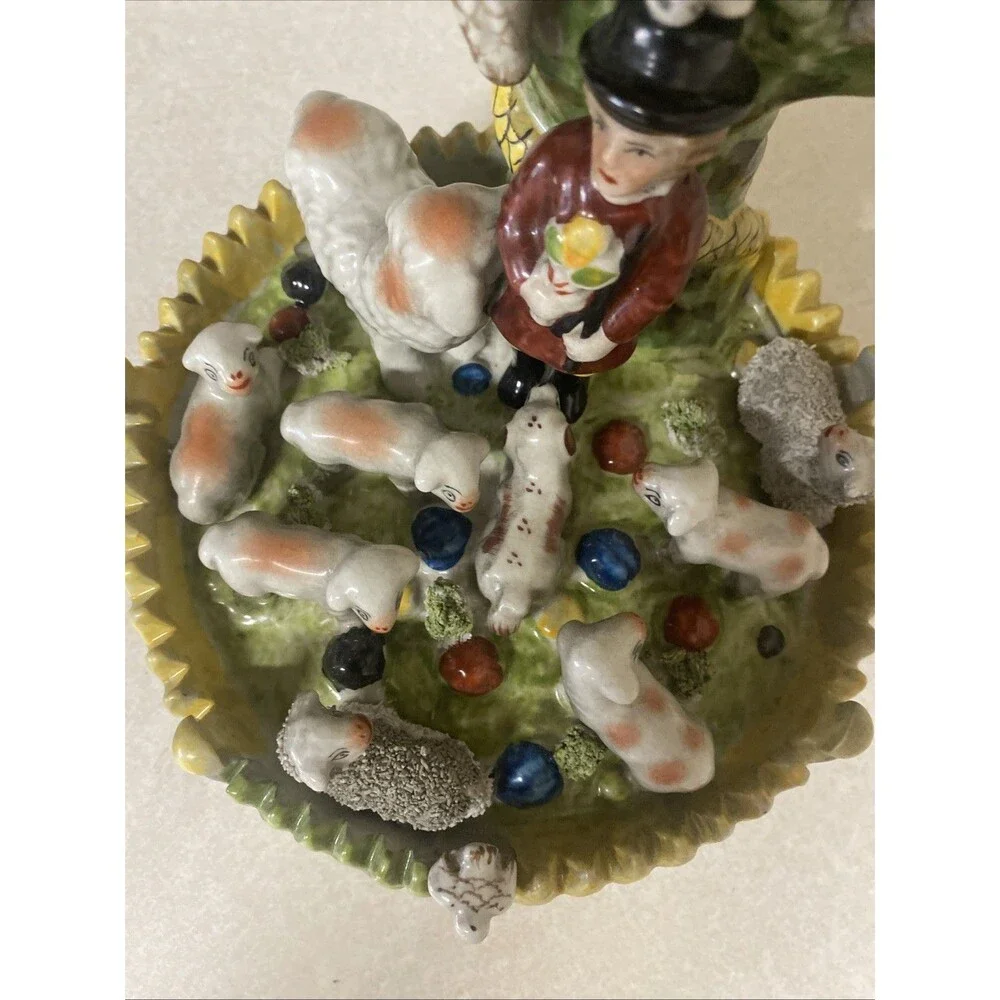 Vtg Staffordshire Style Spill Vase Shepherd, Sheepdog, Sheep, Birds, Tree 8.25